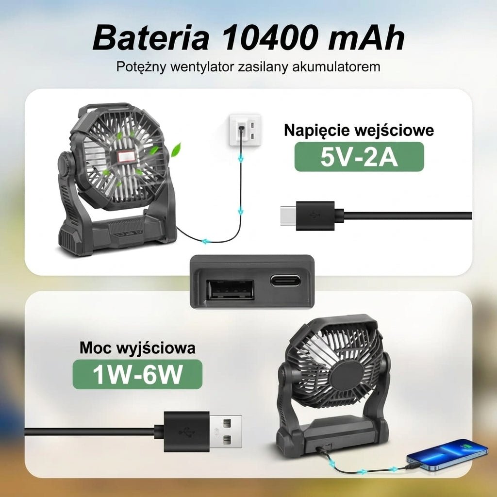 Przenośny Wentylator Kempingowy z Latarką LED – Bateria 10400 mAh, 36 Godzin Pracy 2