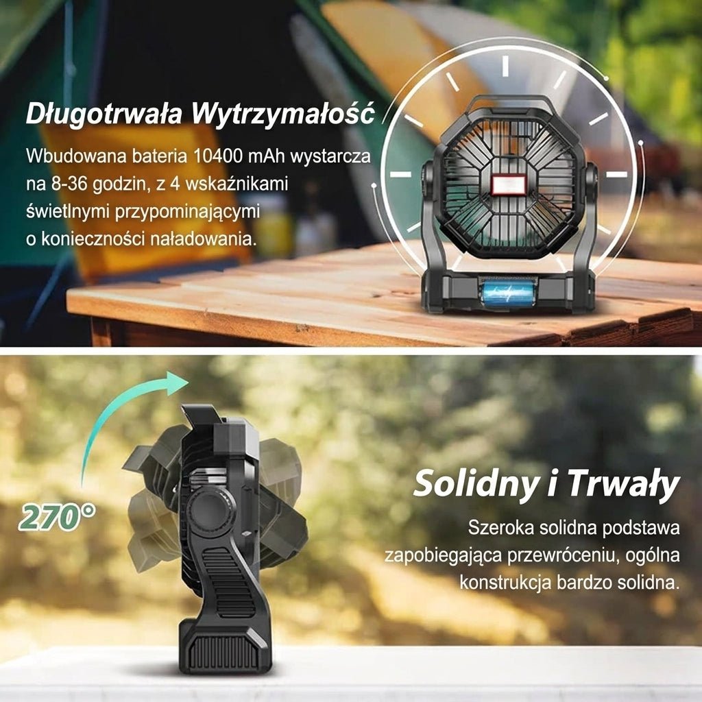 Przenośny Wentylator Kempingowy z Latarką LED – Bateria 10400 mAh, 36 Godzin Pracy 6