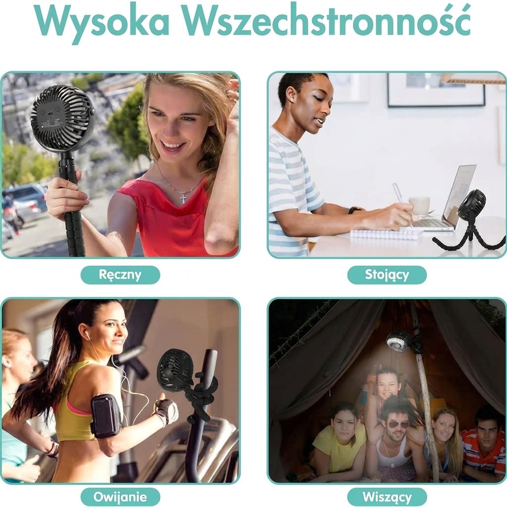 Przenośny Wentylator do Wózka z Regulacją 360° – Cichy, Ładowany przez USB 5
