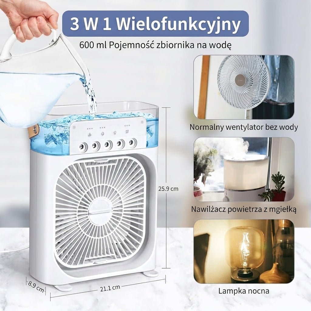 Wentylator, Klimatyzator i Nawilżacz 3 w 1 – Przenośny z Oświetleniem LED do Użytku w Domu i Biurze 9