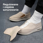 Osoba nosząca buty przyjazne dla diabetyków z otwartą klapą
