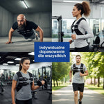 Kolaż pokazujący różne ćwiczenia z regulowaną kamizelką obciążeniową.