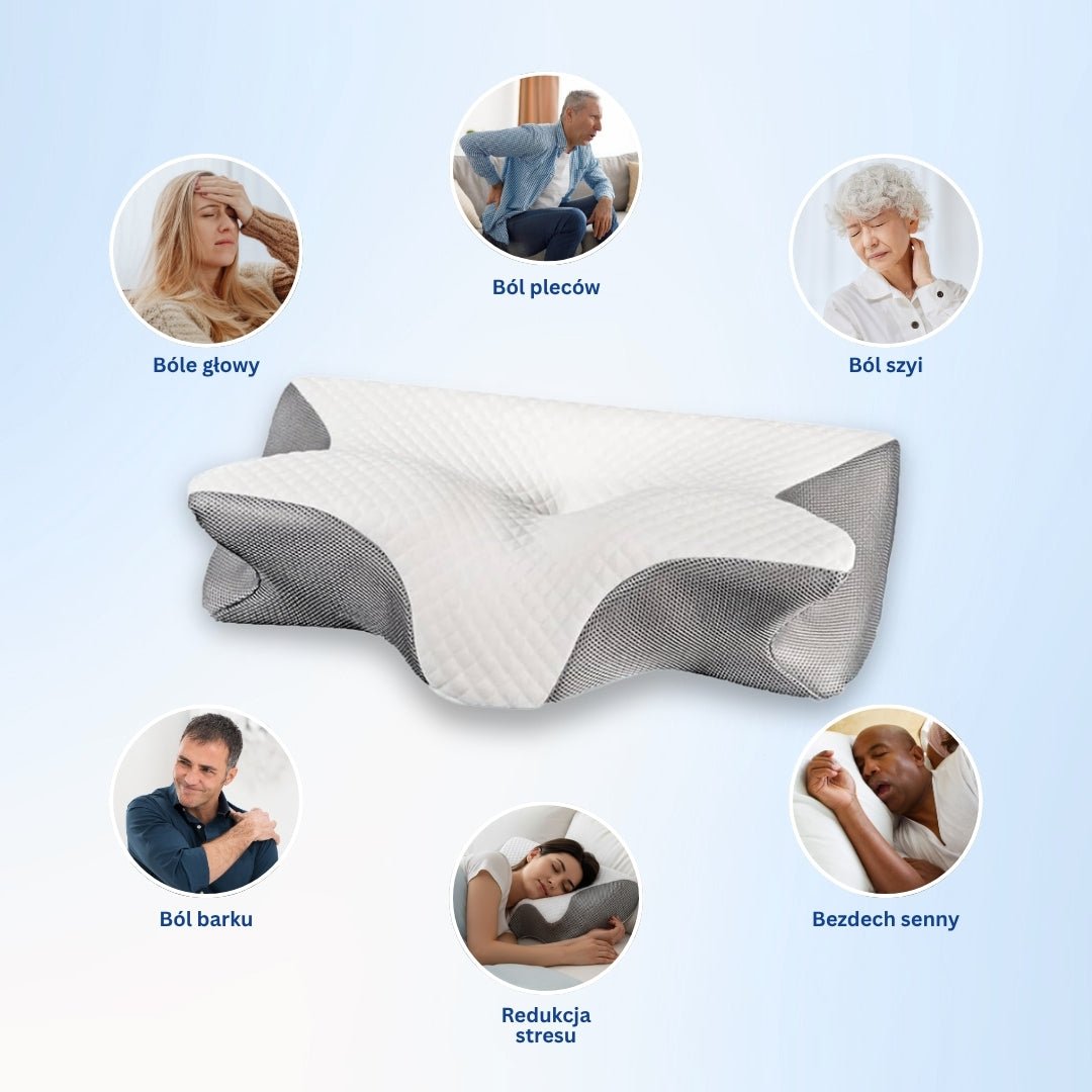 Diagram sześciu problemów ze snem, które może łagodzić poduszka ergonomiczna.