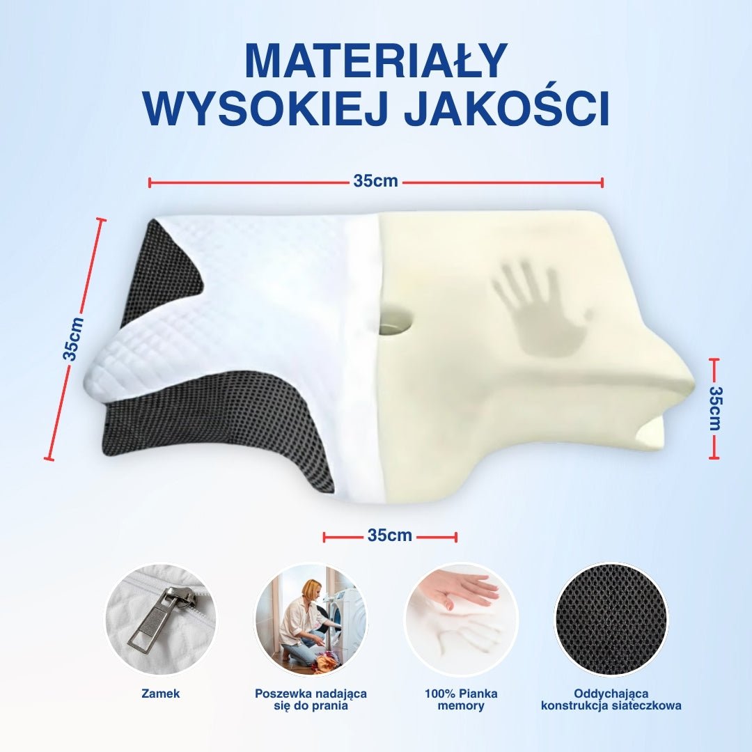 Diagram wymiarów czarno-białej poduszki ergonomicznej z pianką memory i materiałami premium.