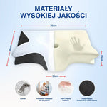 Diagram wymiarów czarno-białej poduszki ergonomicznej z pianką memory i materiałami premium.