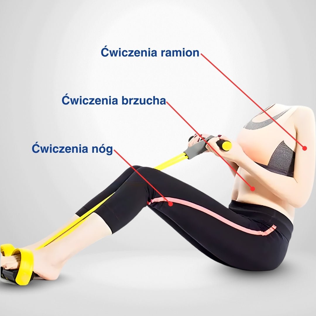 Diagram ćwiczeń z żółtą taśmą treningową i pracującymi partiami ciała