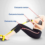 Diagram ćwiczeń z żółtą taśmą treningową i pracującymi partiami ciała